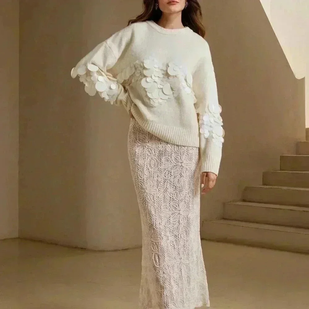 Apricot Casual Women's Handmade Beaded & Sequined Delicate Pullover Sweater